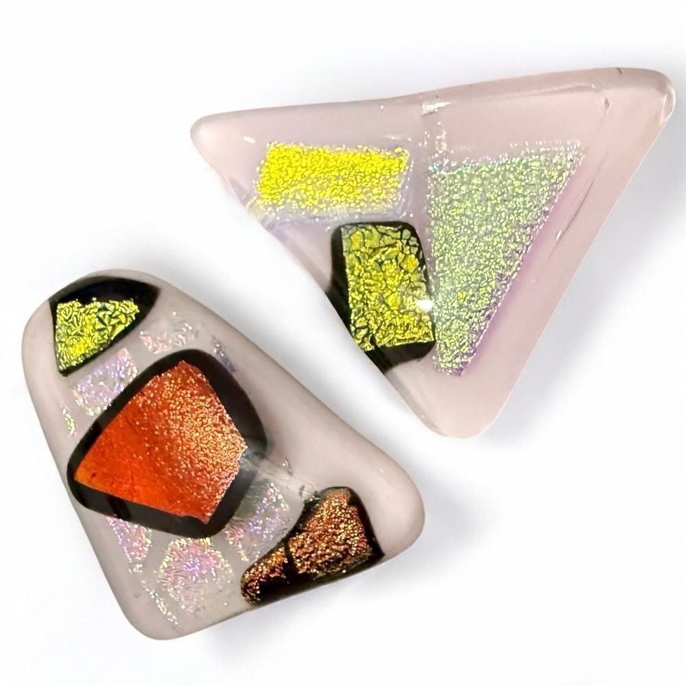 Dichroic Art Glass Triangular Pieces – Iridescent Fused Glass Decor (Set of 2)